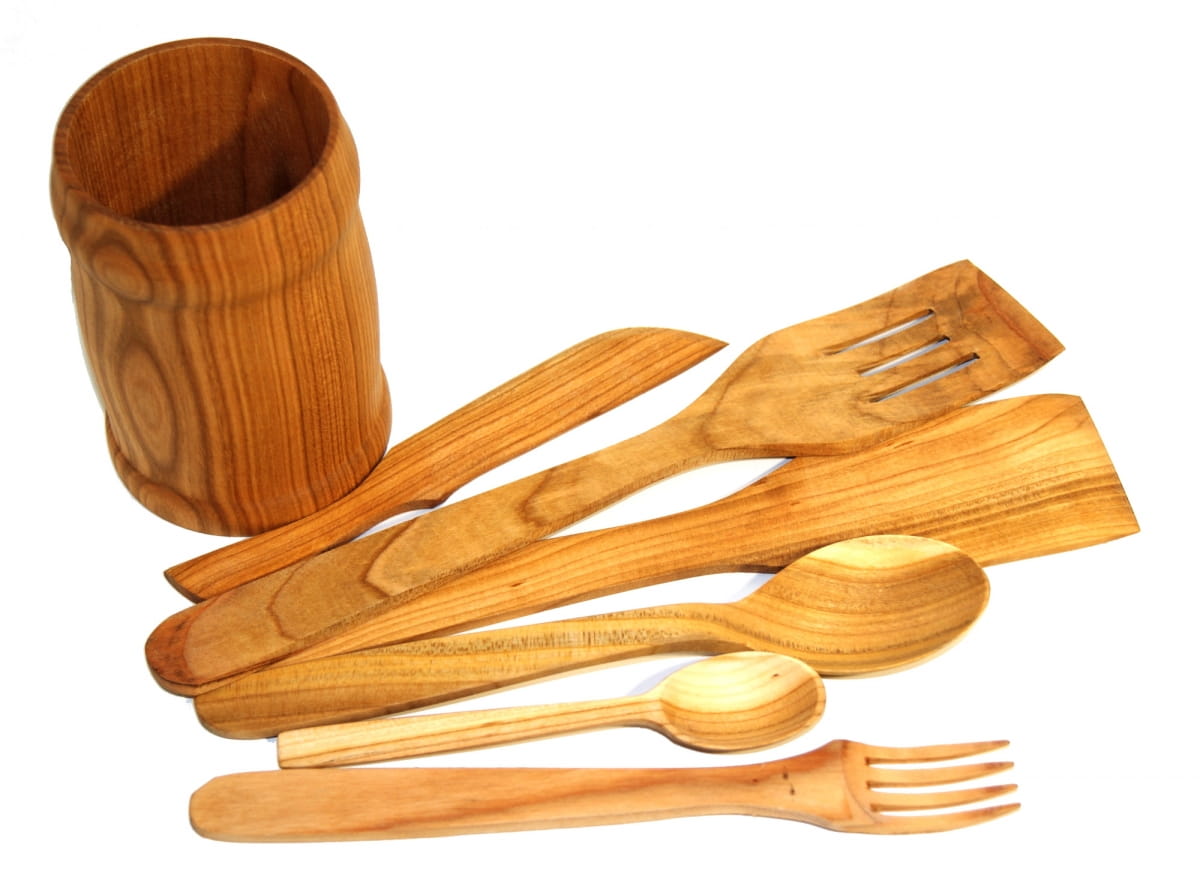 Ustensiles de cuisine en bois de cerisier dans une tasse | Ensemble d'accessoires de cuisine en bois | Outils de cuisine écologiques | Cherry wood utensils