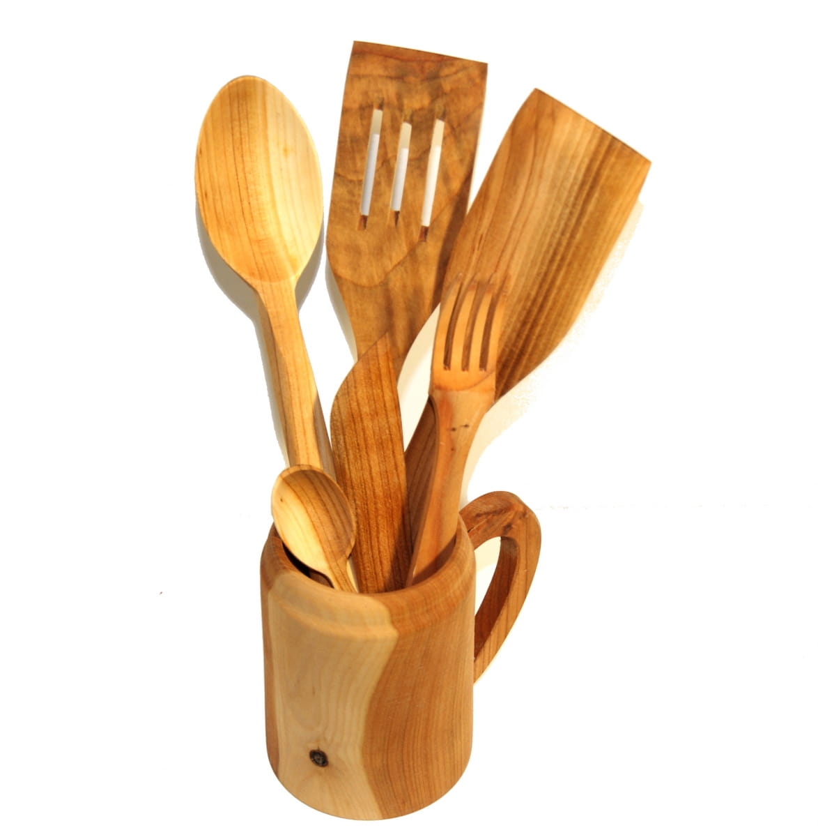 Ustensiles de cuisine en bois de cerisier dans une tasse avec anse | ensemble d'accessoires de cuisine | ustensiles en bois pour la cuisson | ensemble éco pour la cuisine