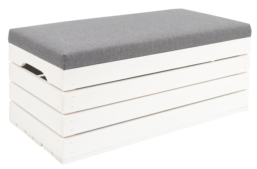 Pouf mit Boxöffnung weiß KIEFER 80x40x35 cm | Holzbank mit Stauraum | Sitzkiepe | Weiße Aufbewahrungsbox