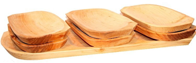 Plateau en bois, ensemble de plateau et 6 assiettes - grill | Plat en bois pour le grill | Ensemble de plateaux de grill | Assiettes de service BBQ