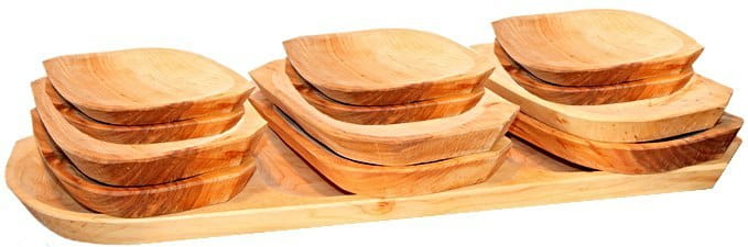 Wooden trough, tray and 12 plates set - grill | Wooden grill utensils set | BBQ table set | Grill tray with plates