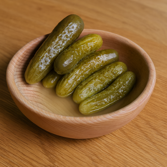 Drewniana miska z parzonego buku o średnicy 18 cm wypełniona ogórkami kiszonymi i odrobiną wody z ogórków – naturalna kompozycja na drewnianym stole | Chłopcy z Rancza