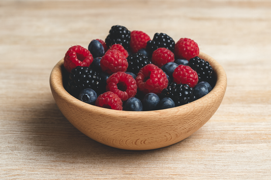Elegancka drewniana miska z parzonego buku o średnicy 20 cm, wypełniona malinami, borówkami i czernicami – naturalna ozdoba stołu | Chłopcy z Rancza