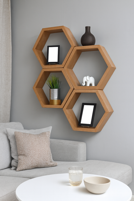 owoczesna półka ścienna w kształcie plastrów miodu z drewna WPC EKO – elegancka aranżacja w salonie z rośliną, ramkami i minimalistycznymi dekoracjami – Chłopcy z Rancza.