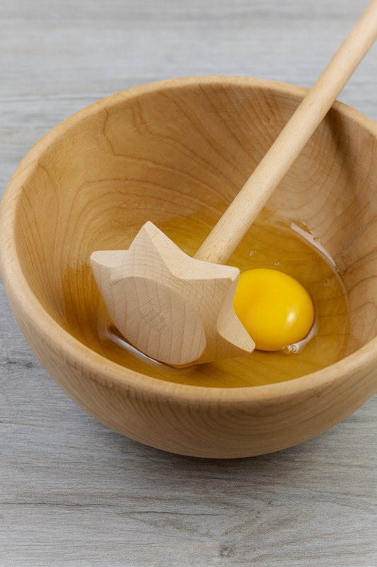 Drewniana mątewka w kształcie gwiazdki roztrzepująca jajko w naturalnej misce z drewna – ekologiczne akcesorium kuchenne Chłopcy z Rancza.