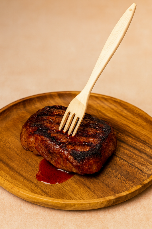 Drewniany widelec wbity w soczysty kawałek grillowanego mięsa na drewnianym talerzu – naturalna, rustykalna scena podkreślająca ekologiczny charakter produktu.