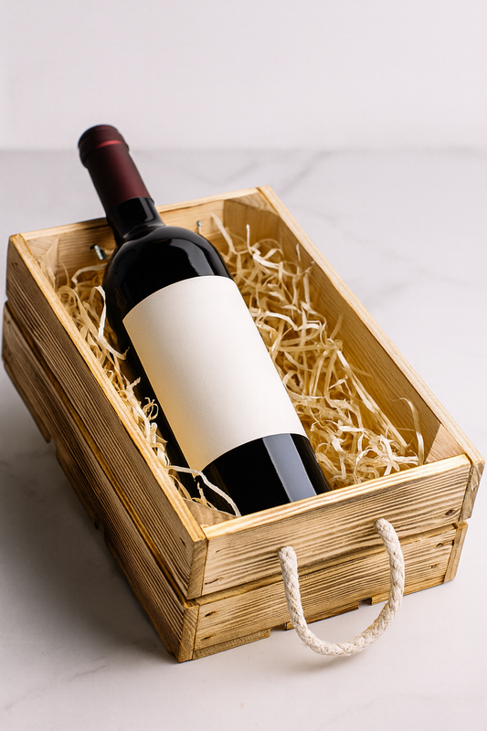 Drewniana skrzynka prezentowa wypełniona naturalną wełną drzewną, w której leży butelka czerwonego wina z pustą etykietą – elegancki zestaw upominkowy w rustykalnym stylu.