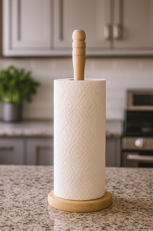 Drewniany stojak na ręcznik papierowy w nowoczesnej kuchni – naturalny uchwyt z jasnego drewna bukowego z założonym białym ręcznikiem papierowym, ustawiony na kamiennym blacie z widocznymi w tle szafkami kuchennymi i doniczką z zieloną rośliną.