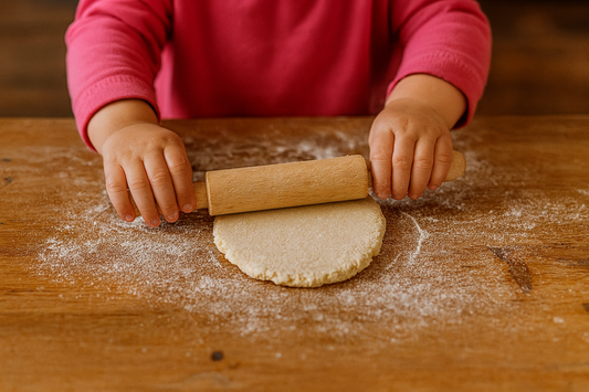 Dziecko wałkuje kawałek ciasta na drewnianym blacie kuchennym, używając małego wałka do ciasta z naturalnego drewna bukowego o długości 24 cm – produkt Chłopcy z Rancza.