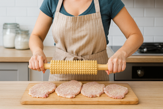 Kobieta w beżowym fartuchu wałkuje cztery duże kotlety schabowe drewnianym wałkiem z wypustkami o długości 46 cm. Scena w jasnej, nowoczesnej kuchni z drewnianym blatem i słoikami z mąką w tle – produkt Chłopcy z Rancza.