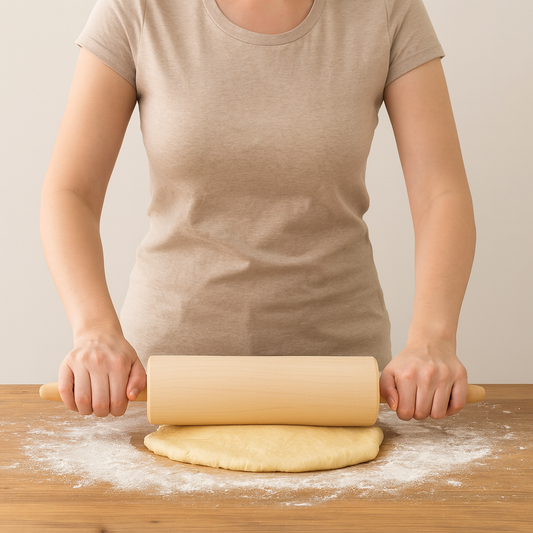 alt: Kobieta wałkuje ciasto na drewnianym blacie przy użyciu solidnego drewnianego wałka o długości 52 cm i średnicy 8,5 cm. Na stole widoczna jest mąka i grubo rozwałkowane ciasto, scena w jasnej kuchni z naturalnym oświetleniem. Produkt: Drewniany wałek do ciasta Chłopcy z Rancza.