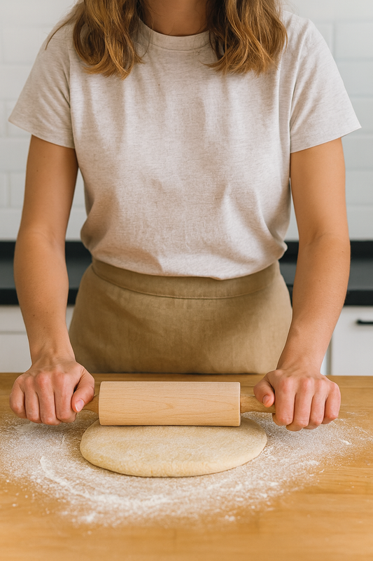 Kobieta wałkuje ciasto na drewnianym blacie, używając krótkiego drewnianego wałka o długości 38 cm i średnicy 6 cm. W kuchni o jasnym wystroju, ubrana w beżowy fartuch i jasną koszulkę. Produkt marki Chłopcy z Rancza – drewniany wałek kuchenny do ciasta.
