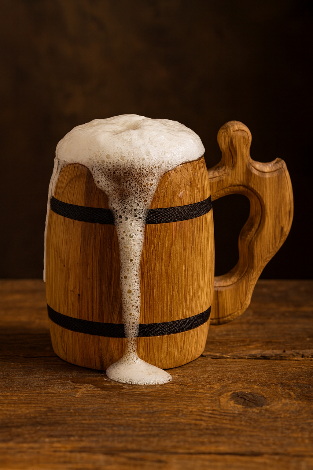 Rustykalny kufel dębowy z wewnętrznym wkładem ze stali nierdzewnej, wypełniony złocistym piwem z obfitą pianą spływającą po brzegach, ustawiony na dębowym stole w starodawnej, ciepłej scenerii.