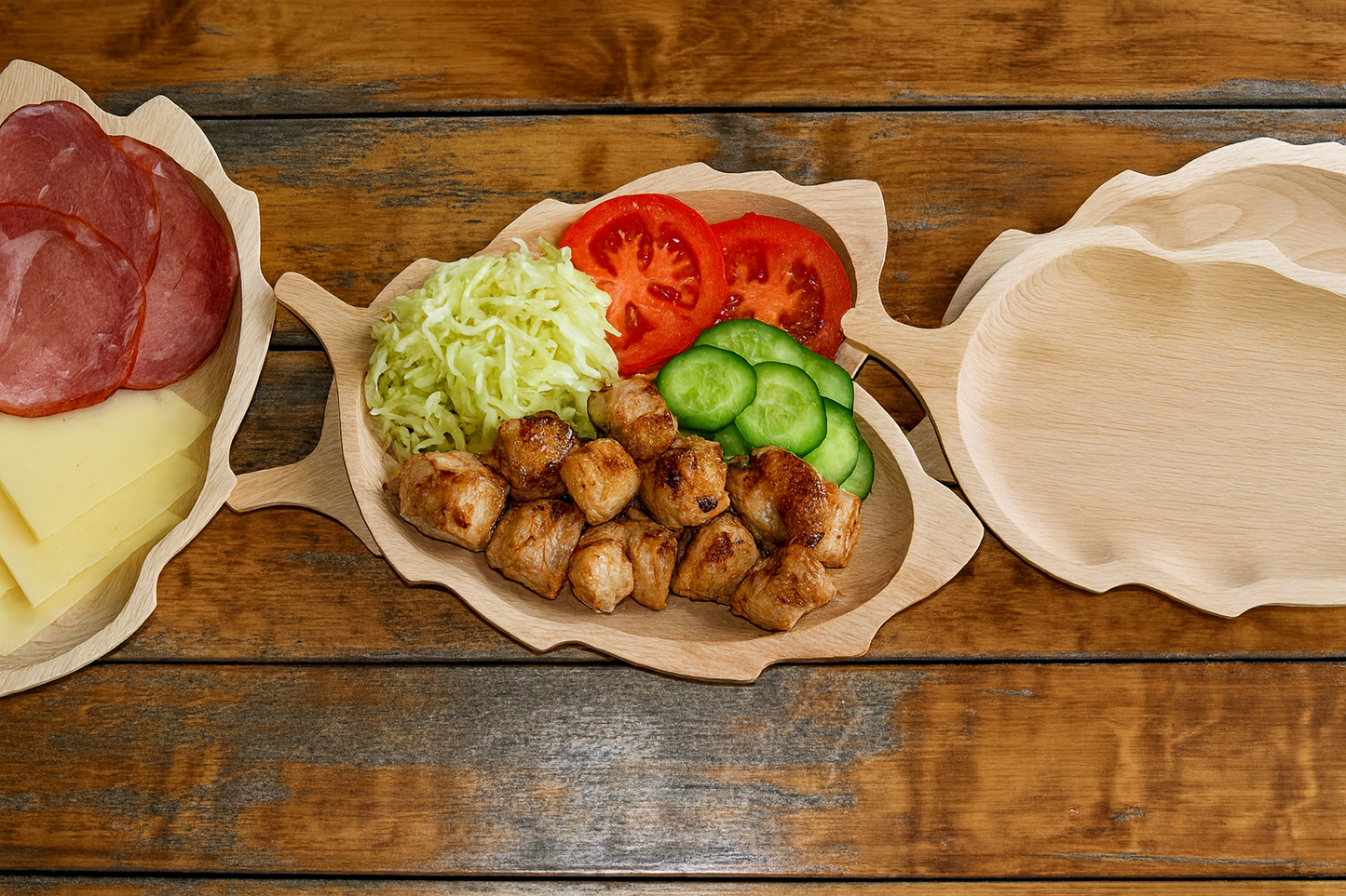 Rustykalne drewniane talerze w kształcie liści, ustawione na drewnianym stole. Na pierwszym talerzu plastry wędlin i sera, na środkowym grillowane kawałki mięsa z dodatkiem kapusty, pomidorów i ogórków, a trzeci talerz pozostaje pusty. Naturalne światło podkreśla fakturę drewna i apetyczne kolory potraw.
