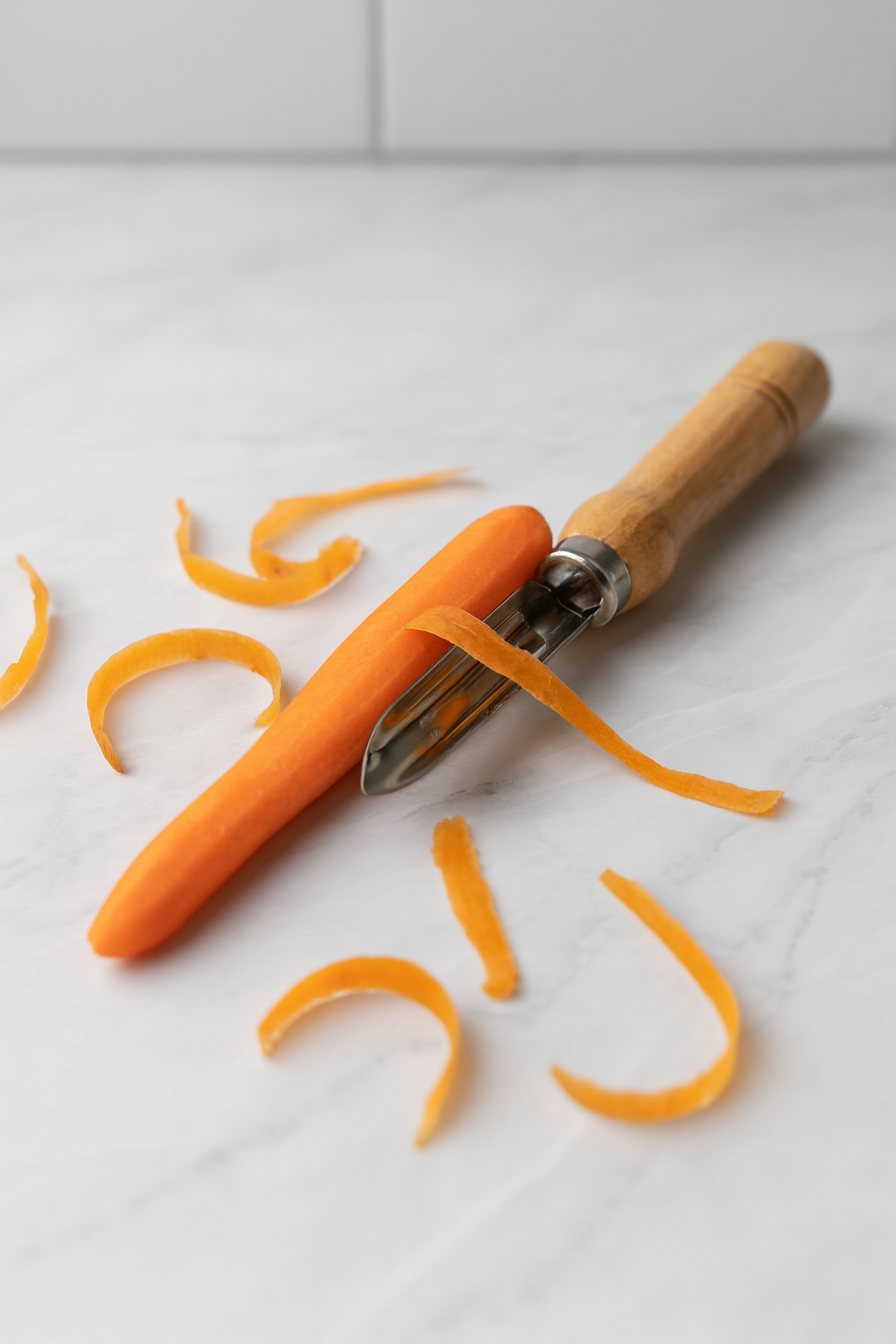 Drewniana obieraczka do warzyw ze stalowym ostrzem leży na blacie z białego marmuru obok świeżej marchewki, z której zdejmowane są cienkie paski skórki. Widoczne obierki tworzą naturalny, nowoczesny klimat kuchenny.