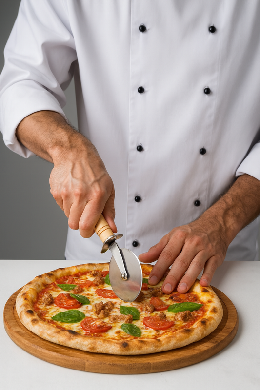 Kucharz kroi gorącą pizzę nożem do pizzy z drewnianą rączką – pizza z pomidorami, bazylią i serem na drewnianej desce do krojenia.