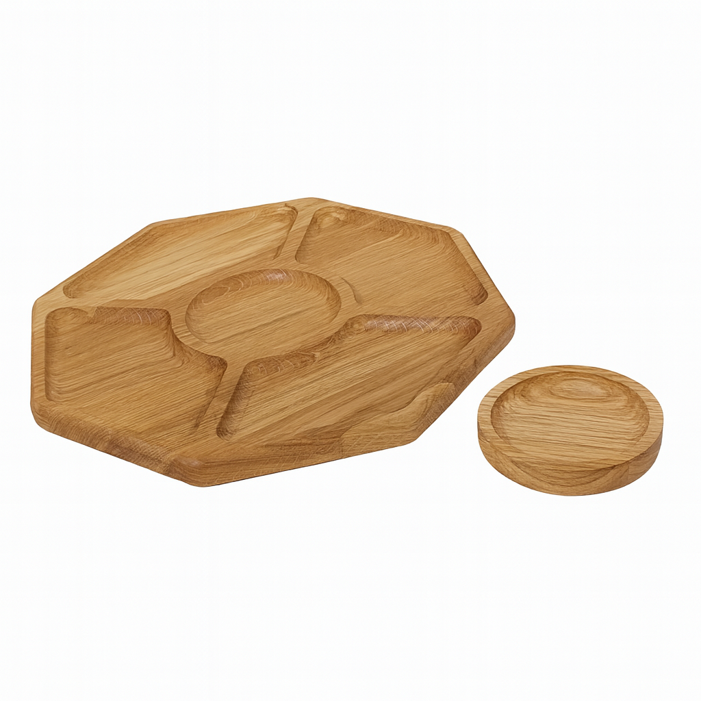 Dębowa deska do serwowania przekąsek z osobną miseczką – elegancki, ośmiokątny zestaw idealny do podawania dipów, sosów i przystawek.