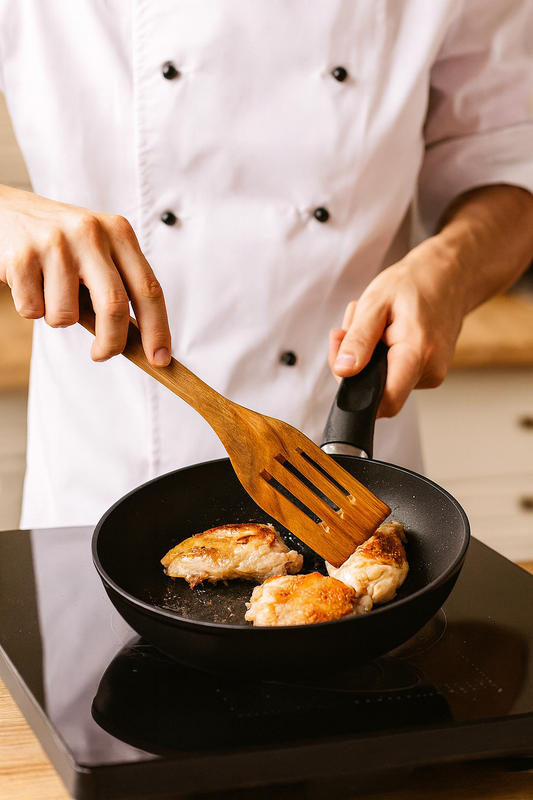 Kucharz smaży kawałki kurczaka na patelni, używając drewnianej łopatki ażurowej z czereśni.