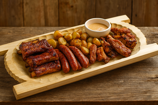 Duże drewniane koryto biesiadne o wymiarach 31×60 cm, wypełnione żeberkami, kiełbasami, skrzydełkami z kurczaka, pieczonymi ziemniakami i miseczką z sosem. Koryto stoi na drewnianym stole w rustykalnym stylu, w ciepłym naturalnym świetle.