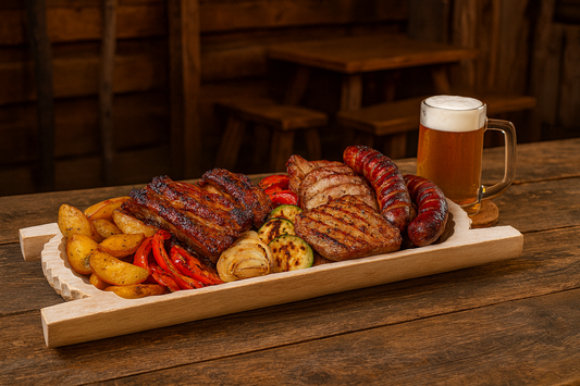 Drewniane koryto do serwowania potraw o wymiarach 33×70 cm, wypełnione grillowanymi żeberkami, karkówką, kiełbasą, pieczonymi ziemniakami i warzywami. Ustawione na drewnianym stole w karczmie, w tle kufel piwa. Ciepłe światło, rustykalny klimat