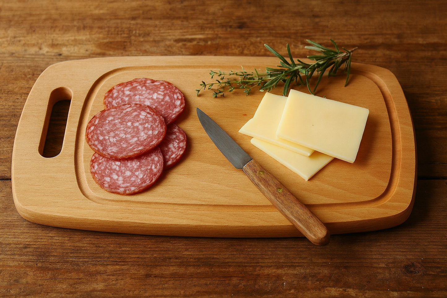 Drewniana deska bukowa do krojenia i serwowania o wymiarach 44×28 cm z uchwytem i rowkiem. Na desce ułożone plastry wędlin, kawałki sera, nożyk z drewnianą rączką oraz gałązki rozmarynu i tymianku. Scena w stylu rustykalnym, na tle drewnianego stołu, w ciepłym naturalnym świetle.