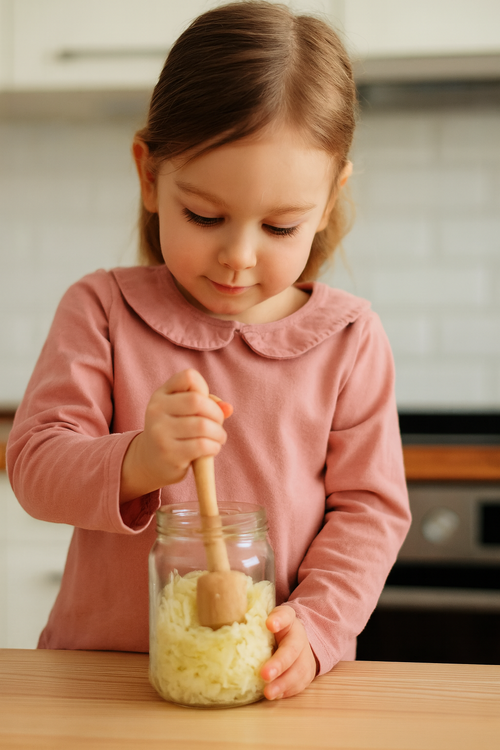 Dziewczynka w różowej bluzce ubija drewnianym tłuczkiem kapustę w słoiku na kuchennym stole. Narzędzie ma długość około 20 cm i wykonane jest z naturalnego drewna bukowego.