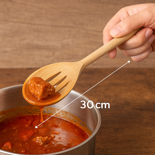 Drewniana łyżka szwedzka ażurowa 30 cm z kawałkiem mięsa z gulaszu, sos spływa przez otwory