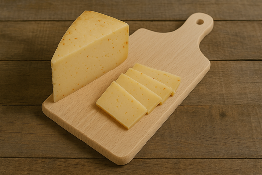 Drewniana deska do krojenia z kawałkiem żółtego sera i kilkoma plastrami ułożonymi obok, na tle drewnianego stołu – Chłopcy z Rancza / Ranch Boys.
