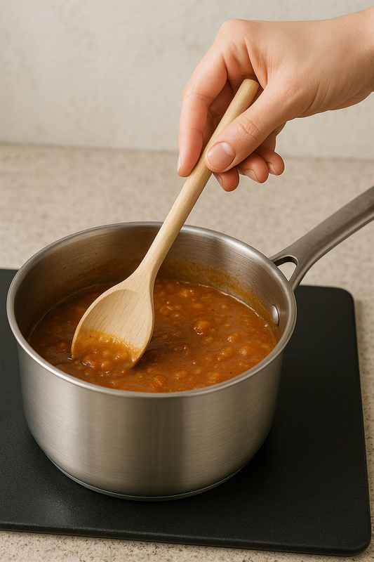 Łyżka drewniana w akcji Chłopcy z Rancza / Ranch Boys – Drewniana łyżka kuchenna 20 cm z naturalnego drewna bukowego, trzymana w dłoni podczas mieszania gulaszu w stalowym garnku.