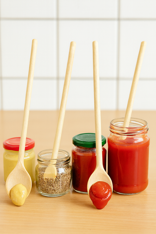 Drewniane łyżki kuchenne Chłopcy z Rancza / Ranch Boys w akcji – w słoikach z musztardą, przyprawami, koncentratem pomidorowym i ketchupem.