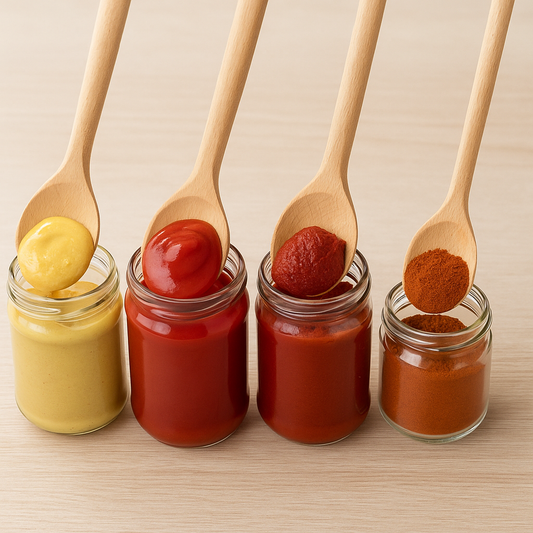 Ekologiczny zestaw czterech drewnianych łyżek Chłopcy z Rancza / Ranch Boys nabierających musztardę, ketchup, koncentrat pomidorowy i przyprawę w proszku ze szklanych słoików, na jasnym drewnianym tle.