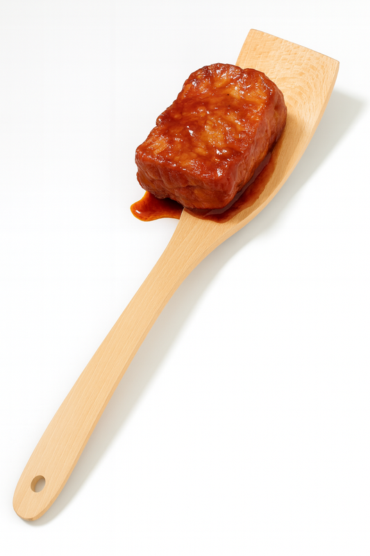 Soczysty kawałek mięsa w sosie podany na drewnianej łopatce kuchennej z podgiętą końcówką – Chłopcy z Rancza / Ranch Boys