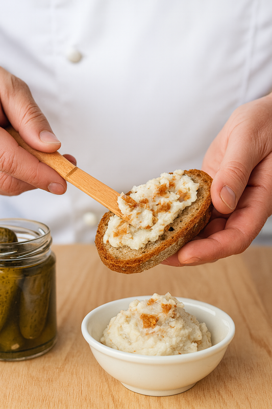 Kucharz trzyma w dłoni drewniany nożyk do smarowania o długości 18 cm i rozprowadza nim smalec ze skwarkami na kromce wiejskiego chleba; obok stoi słoik z kiszonymi ogórkami i miseczka ze smalcem