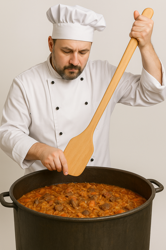 Kucharz w białym fartuchu i czapce kucharskiej miesza duży kocioł pełen gotującego się bigosu, używając solidnej drewnianej łopaty o krótszej rękojeści. W kotle widać kawałki mięsa, kapusty i warzyw w gęstym, czerwono-brązowym sosie. – Chłopcy z Rancza / Ranch Boys