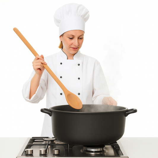 Kucharka w białym stroju kucharskim miesza zupę w dużym czarnym kotle stojącym na kuchence gazowej, używając drewnianej warzechy . Z kotła unosi się para gotującej się potrawy – zdjęcie produktowe dla e-commerce.