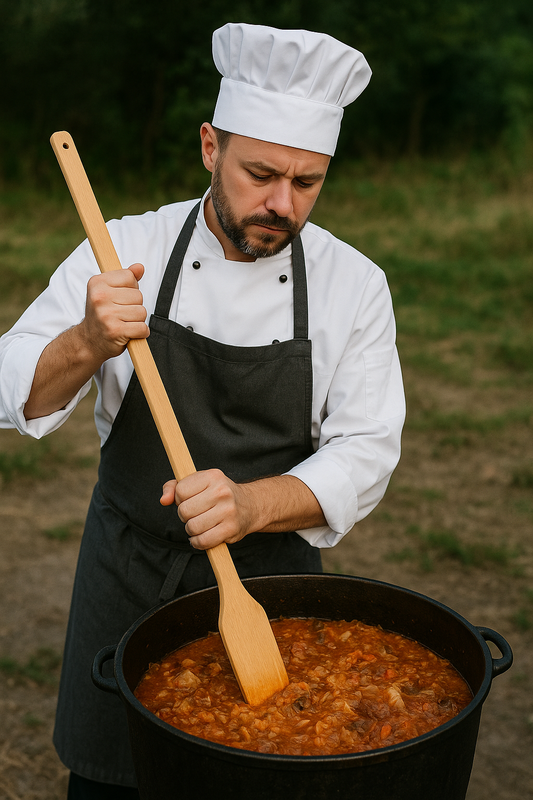 Kucharz w białym kitlu i czapce kucharskiej miesza gotujący się bigos w dużym czarnym kotle na biwaku, używając drewnianej łopaty o długości 50 cm i szerokości 8 cm. W tle trawa i drzewa. Zdjęcie produktowe – Chłopcy z Rancza.