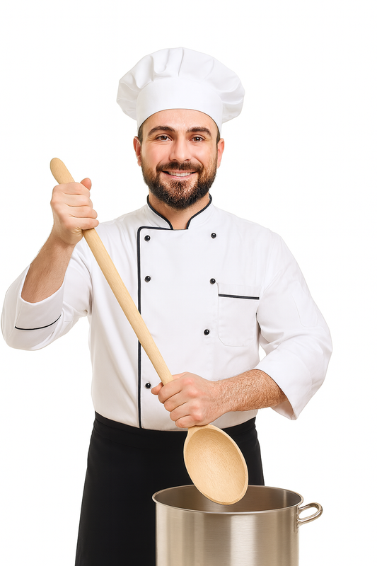Kucharz w białej czapce i fartuchu miesza potrawę w dużym stalowym kotle, trzymając oburącz solidną drewnianą warzechę . Zdjęcie na białym tle, idealne do prezentacji produktu typu „drewniana warzecha do kotła” – Chłopcy z Rancza.