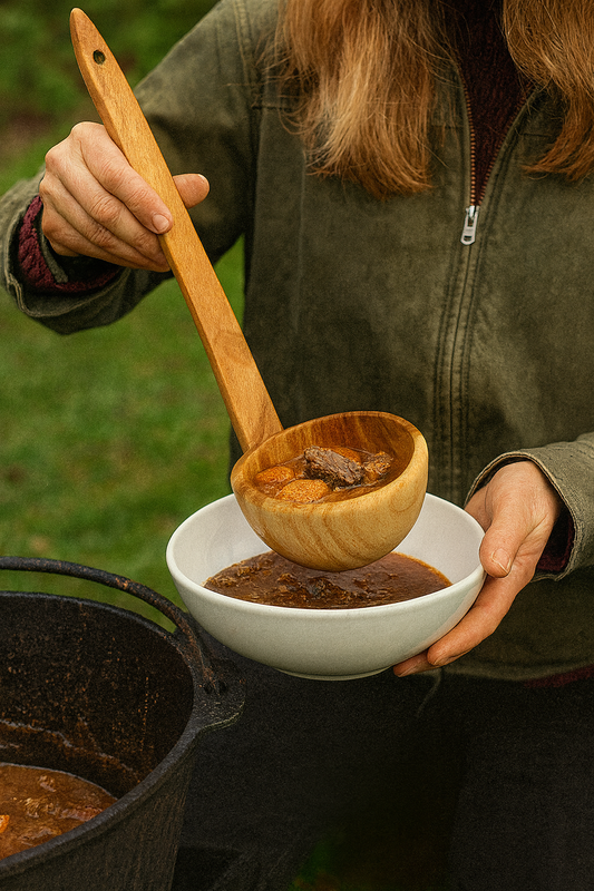 Kobieta na biwaku nalewa gęsty gulasz z żeliwnego kociołka do białego talerza, używając długiej, 53-centymetrowej chochli z naturalnego drewna czereśniowego. W tle zielona trawa i miękkie światło dzienne – produkt Chłopcy z Rancza.