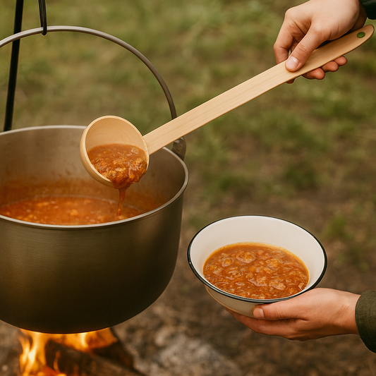 Osoba nalewa gęsty gulasz z dużego kotła wiszącego nad ogniskiem, używając solidnej, jasnej chochli z drewna bukowego o długości 53 cm. Scena odbywa się na świeżym powietrzu w rustykalnym otoczeniu, z widocznym ogniem pod kotłem. Produkt Chłopcy z Rancza.
