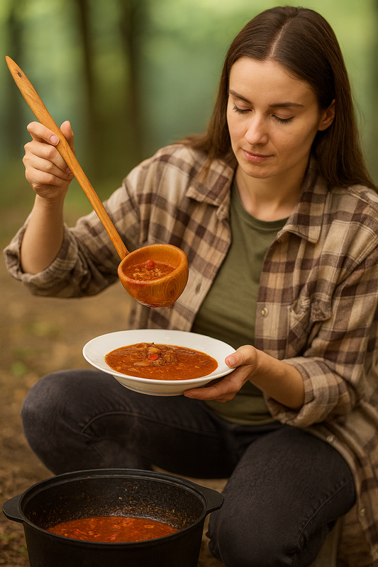 Kobieta na biwaku nalewa gęsty gulasz z kociołka do talerza przy użyciu dużej drewnianej chochli z drewna czereśniowego o długości 53 cm. W tle widać las i namiot, a scena utrzymana jest w ciepłych, naturalnych barwach. Drewniana chochla – Chłopcy z Rancza.