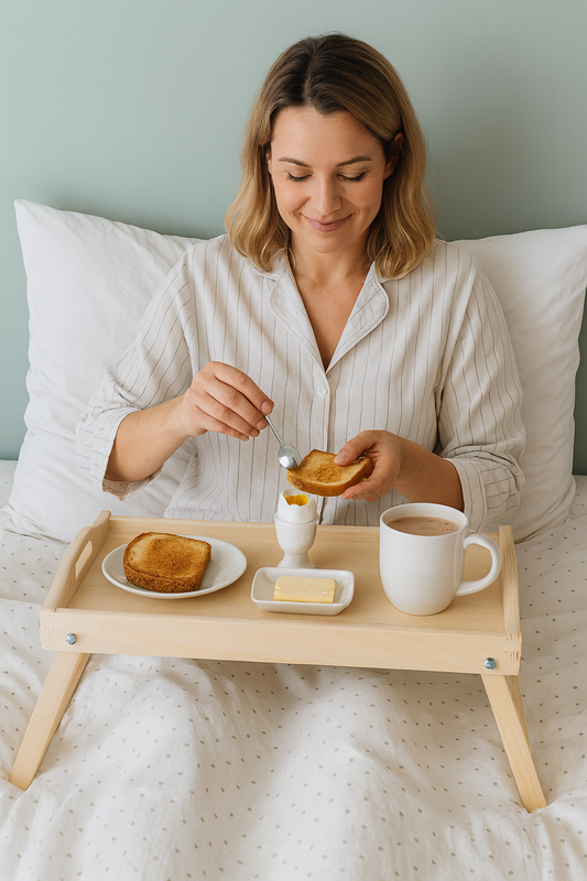 Kobieta w piżamie siedząca w łóżku i jedząca śniadanie z drewnianej tacy na składanych nogach. Na tacy znajduje się tost, masło, jajko na miękko w kieliszku i kubek z kakao. Tło stanowią jasna pościel i pastelowa ściana. Chłopcy z Rancza.