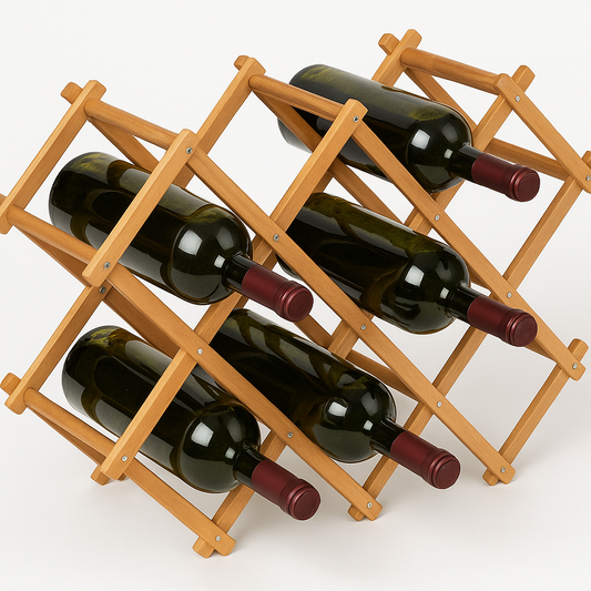 Drewniany stojak na wino z sześcioma butelkami czerwonego wina w poziomych przegródkach, wykonany z jasnego drewna bukowego. Zdjęcie produktowe na białym tle, w lekkim nachyleniu, idealne do prezentacji e-commerce. Chłopcy z Rancza.