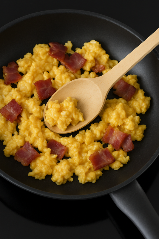 Drewniana łyżka Warszawska 25 cm miesza jajecznicę z boczkiem na patelni – klasyczna forma i wygoda użytkowania w każdej kuchni. Chłopcy z Rancza.