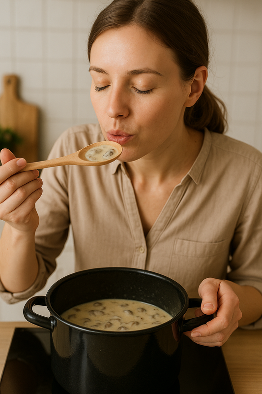 Kobieta degustuje sos grzybowy z pomocą drewnianej łyżki Warszawskiej 30 cm nad emaliowanym garnkiem – elegancka i funkcjonalna łyżka do kuchni. Chłopcy z Rancza.