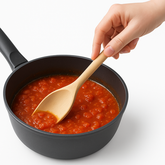 Drewniana łyżka kuchenna z rogiem zgarnia sos pomidorowy z boków czarnego rondla – kobieca ręka delikatnie trzyma łyżkę, mieszając gęsty sos i oczyszczając ścianki naczynia. Naturalne światło, białe tło. Chłopcy z Rancza.