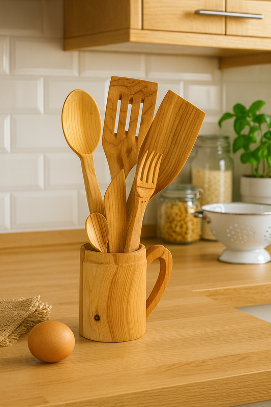 Zestaw drewnianych przyborów kuchennych w kubku z drewna czereśniowego stojący na blacie w jasnej kuchni – w tle słoiki z makaronem, świeża bazylia i biała ceramiczna miska – naturalna, rustykalna aranżacja w ciepłych odcieniach drewna. Chłopcy z Rancza.