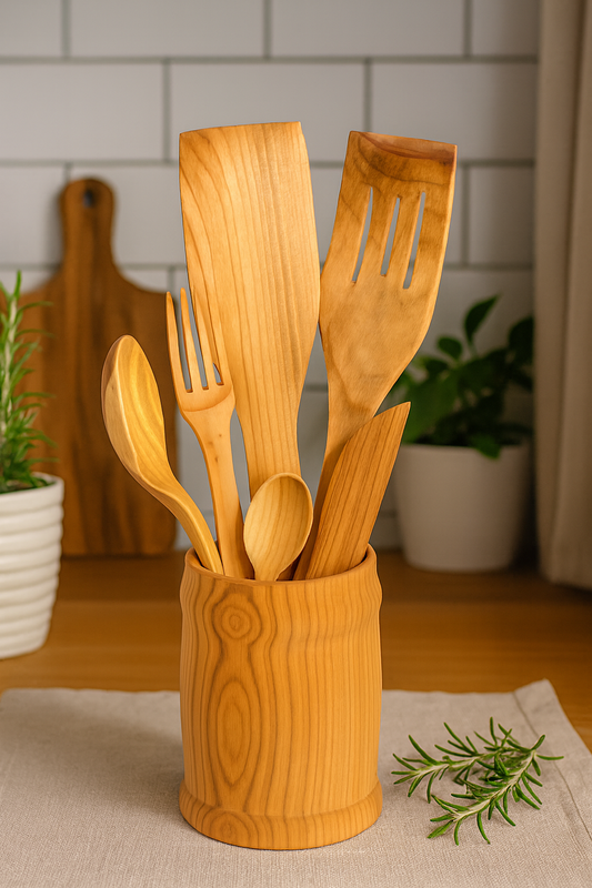 Zestaw naturalnych, drewnianych przyborów kuchennych w kubku z drewna bukowego ustawiony na stole w jasnej kuchni, obok świeże zioła i deska do krojenia w tle – Chłopcy z Rancza.