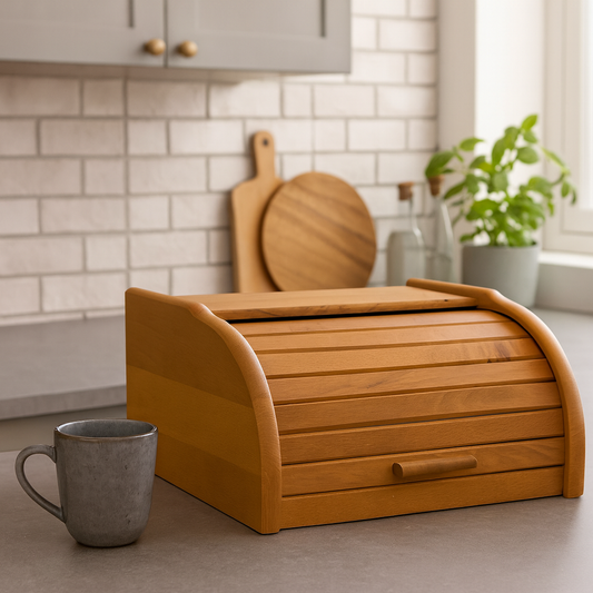 Drewniany chlebak z olchy stojący na kuchennym blacie w jasnej, przytulnej kuchni. Obok znajduje się szary ceramiczny kubek, w tle widać deskę do krojenia i doniczkę z bazylią przy oknie. Naturalne światło podkreśla ciepły kolor drewna — Chłopcy z Rancza.