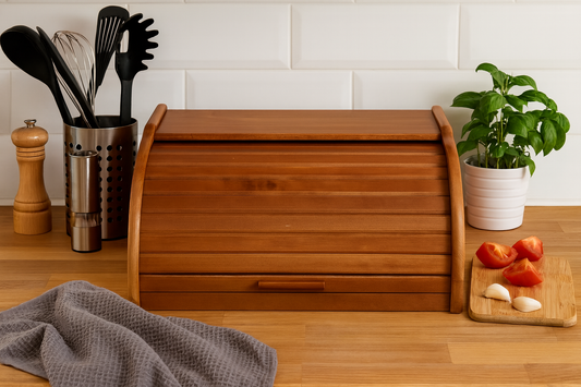 Drewniany chlebak kuchenny w kolorze orzecha stojący na blacie w jasnej kuchni. Obok znajdują się przybory kuchenne w metalowym pojemniku, młynek do pieprzu, doniczka z bazylią oraz deska z pomidorami i czosnkiem. Na blacie leży szara ściereczka – Chłopcy z Rancza.