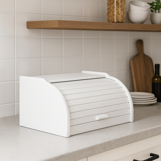 Elegancki biały chlebak z roletą, stojący na jasnym blacie w nowoczesnej kuchni z drewnianymi akcentami i minimalistycznym wystrojem — stylowy i funkcjonalny dodatek do wnętrza.